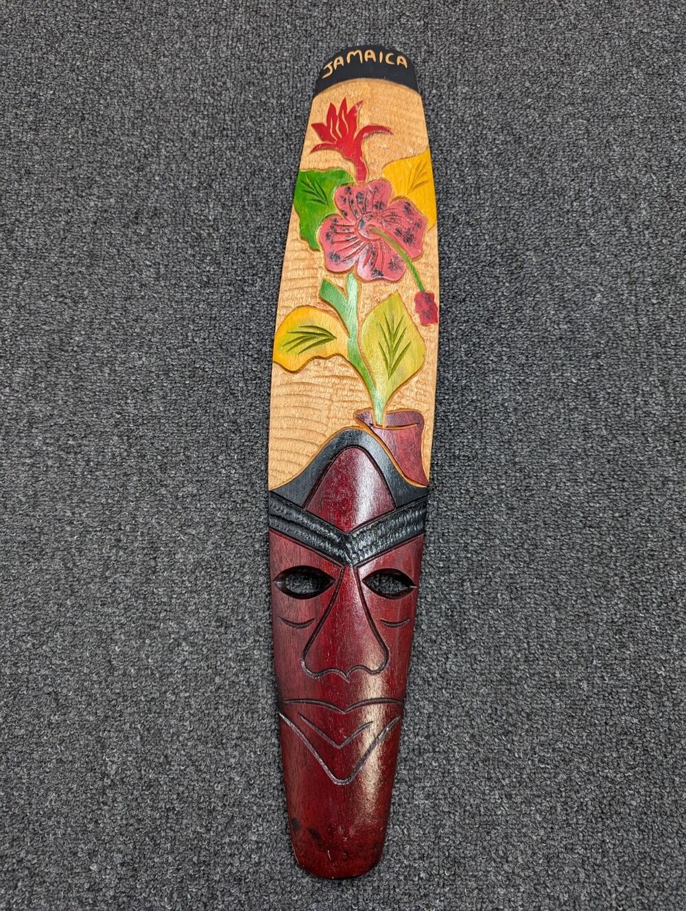 23.5" Large Long Narrow Wooden Hand Carved African Tribal Mask Jamaica Decor